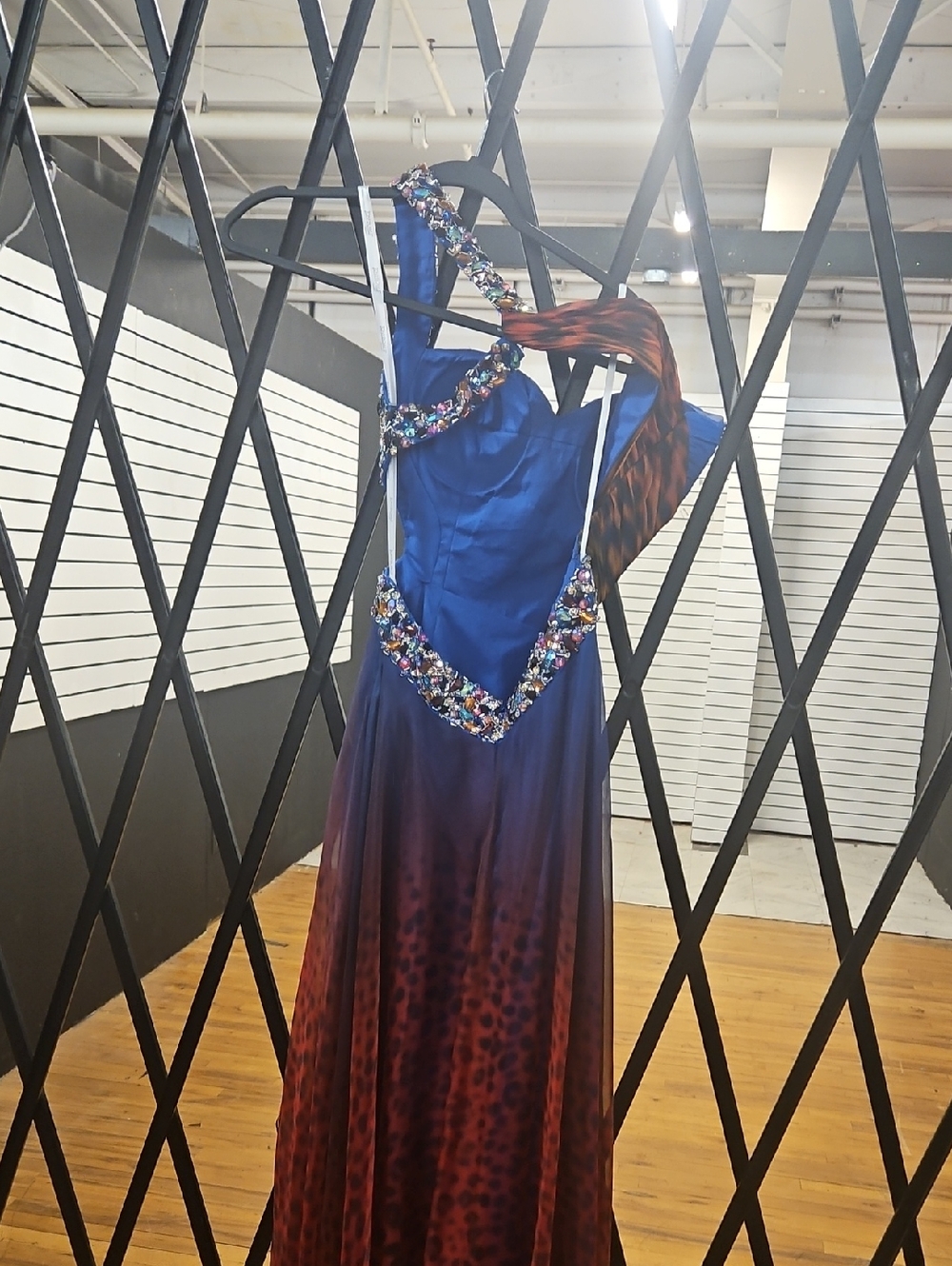 Tony Bowls Blue and Burgundy Ombre Jeweled Prom Gown